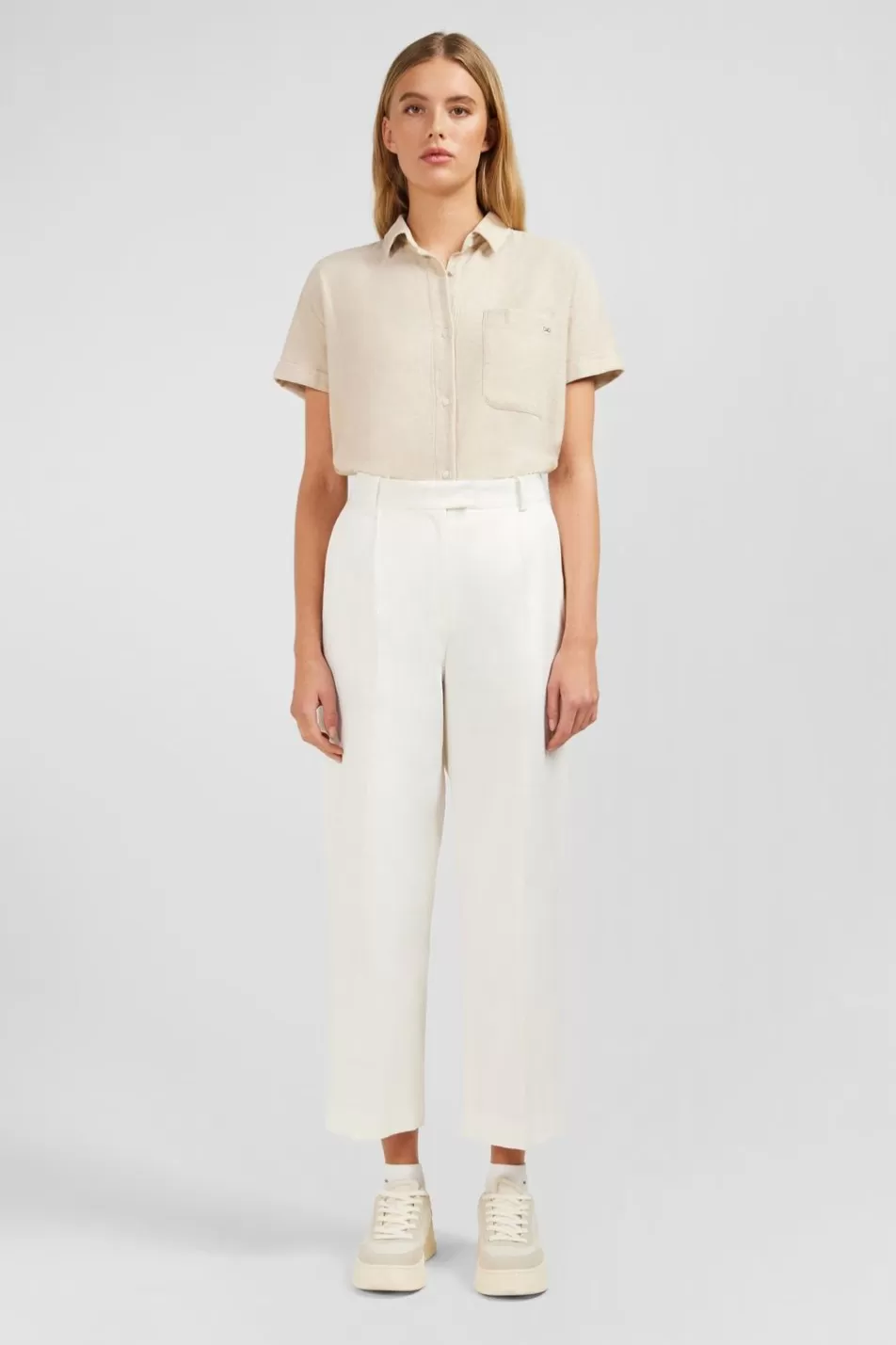 Pants | Eden Park Beige Blended Linen Elastic Waistband Pants In Slim Fit Cut