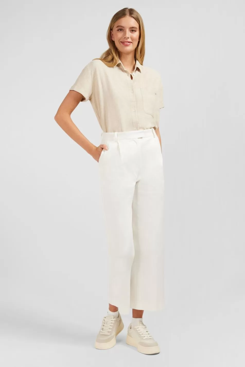 Pants | Eden Park Beige Blended Linen Elastic Waistband Pants In Slim Fit Cut