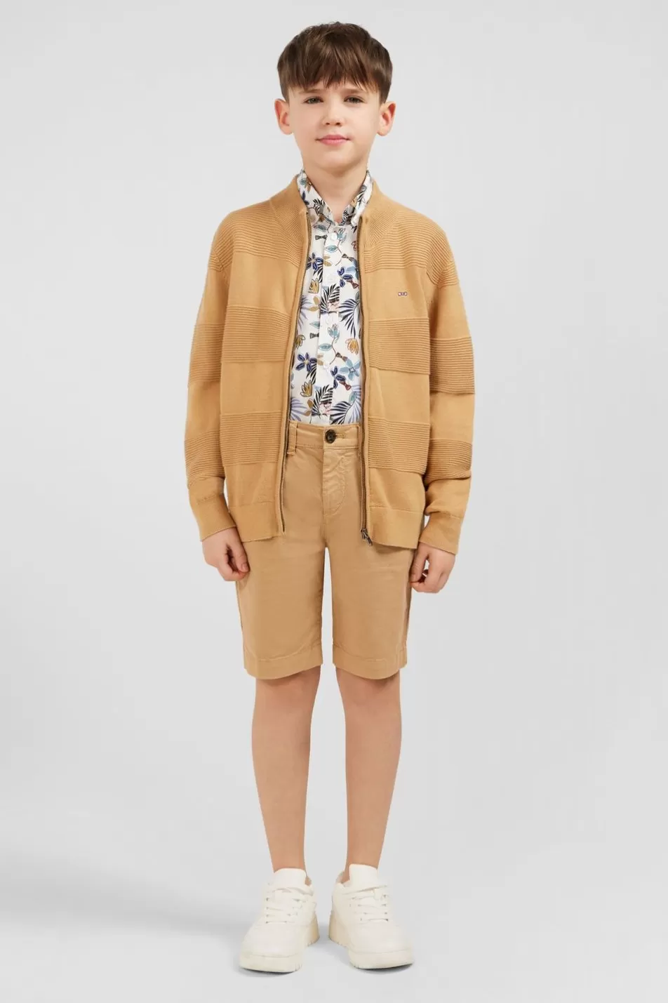 Children | Eden Park Beige Cotton Zip Cardigan In Combination Knit