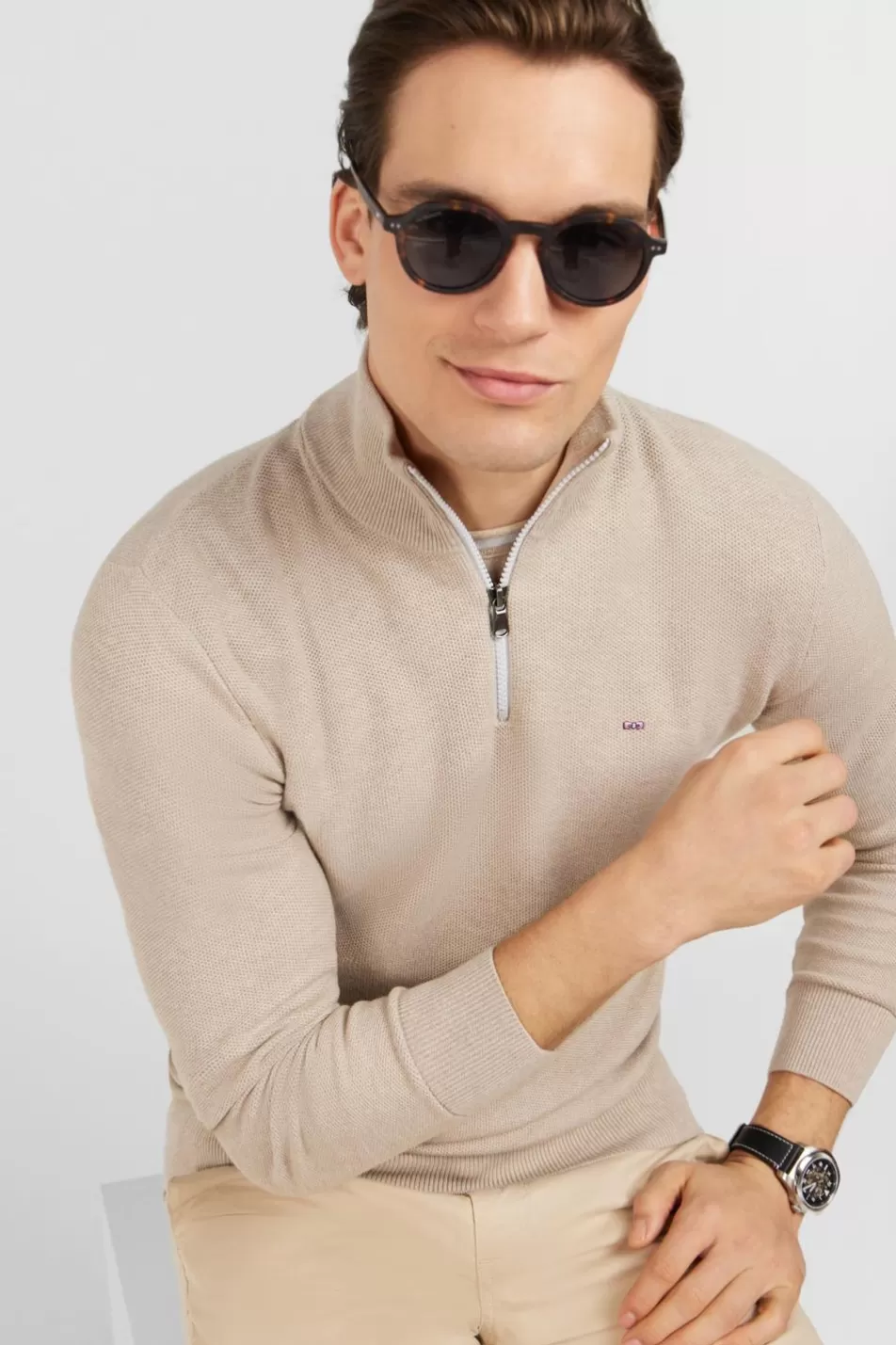 Sweaters | Eden Park Beige Semi-Zipped Sweater