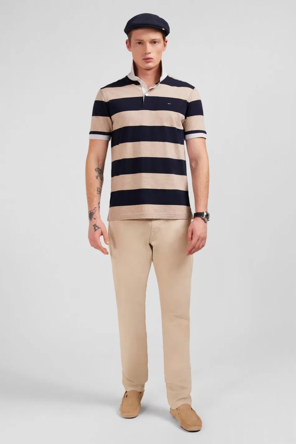 Polos | Eden Park Beige Striped Short-Sleeved Polo Shirt