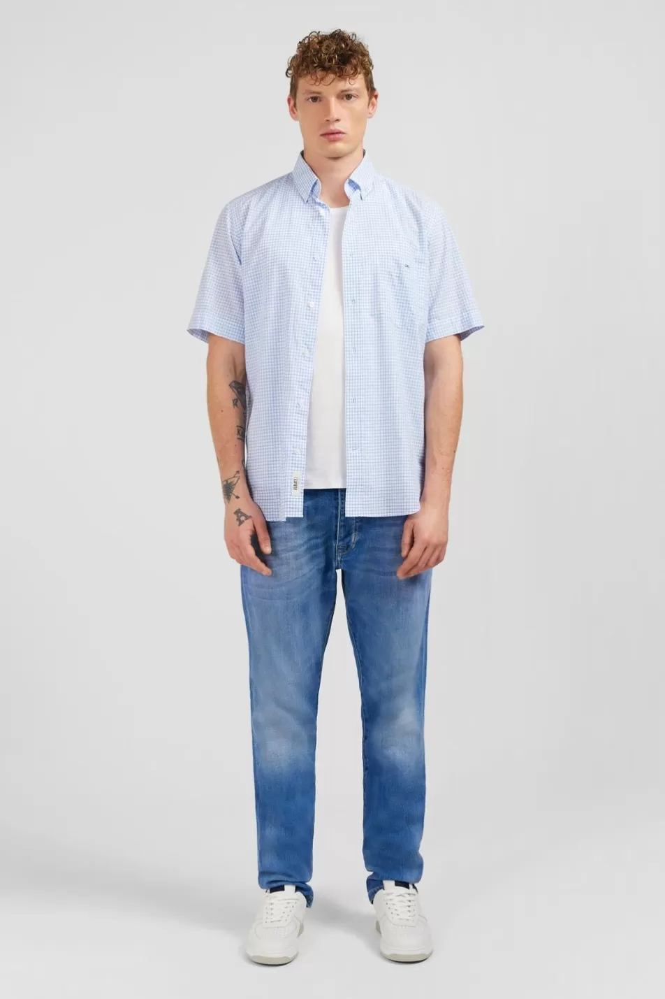 Short-Sleeved Shirts | Eden Park Blue Checked Cotton Dobby Shirt