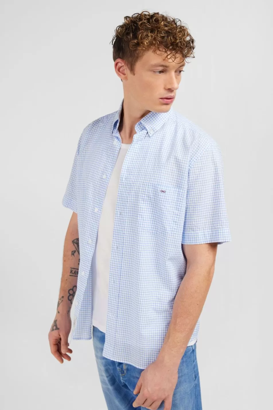 Short-Sleeved Shirts | Eden Park Blue Checked Cotton Dobby Shirt