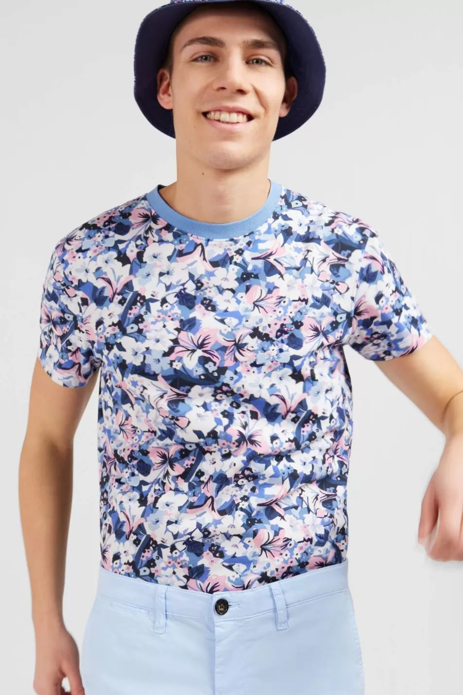 T-Shirts | Eden Park Blue Cotton Pique T-Shirt With Floral Print