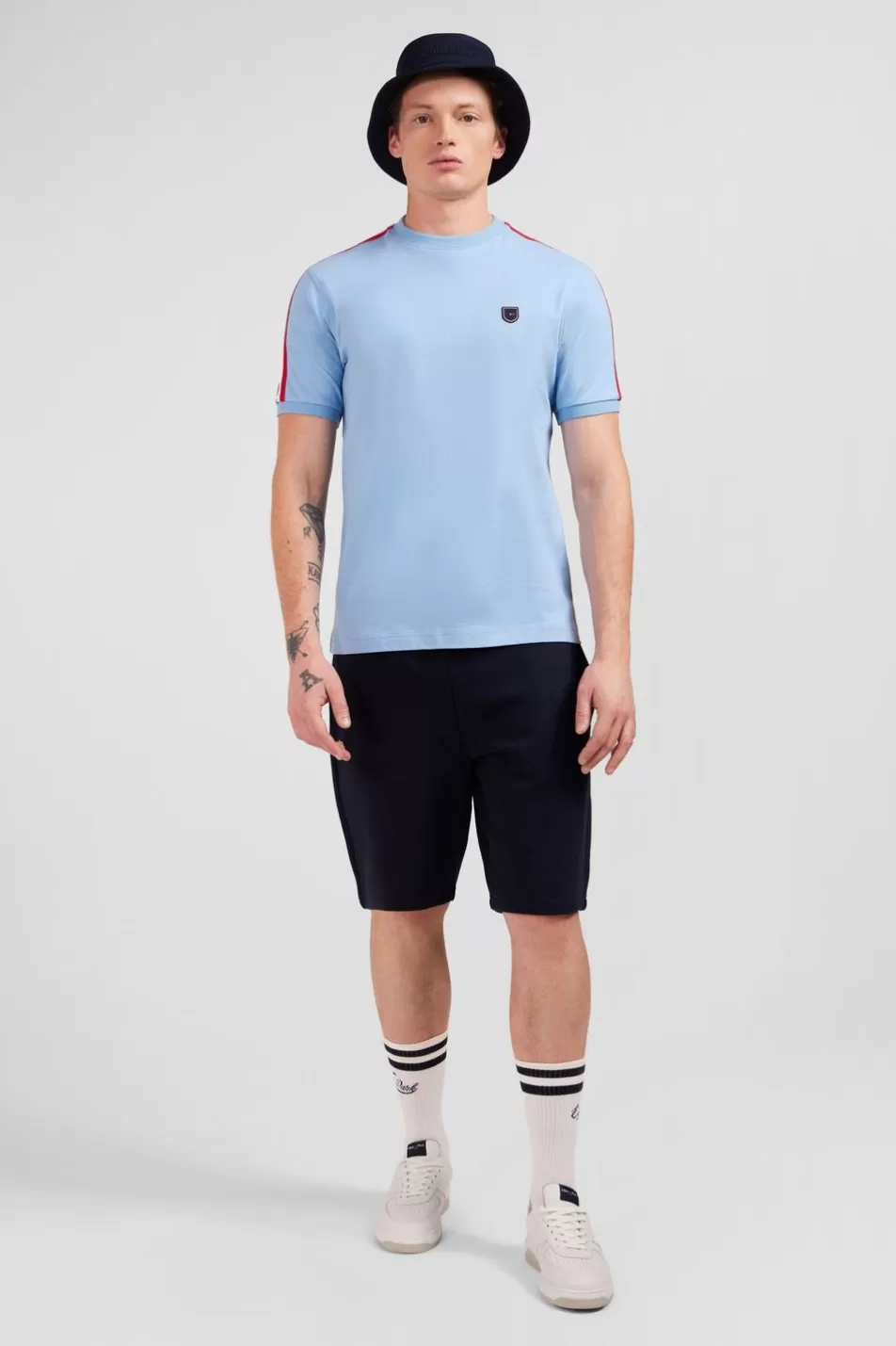 T-Shirts | Eden Park Blue Cotton Short-Sleeved T-Shirt With Tri-Colour Shoulder Trim