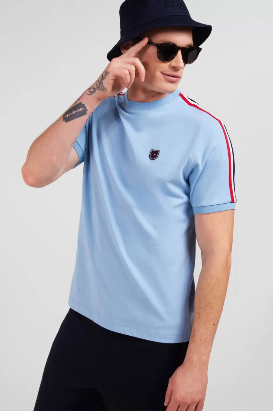 T-Shirts | Eden Park Blue Cotton Short-Sleeved T-Shirt With Tri-Colour Shoulder Trim