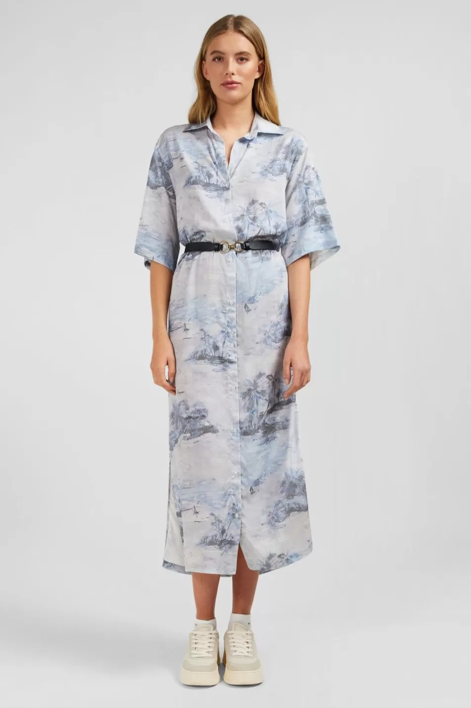 Dresses | Eden Park Blue Lyocell Shirt Dress With Palm Trees Print