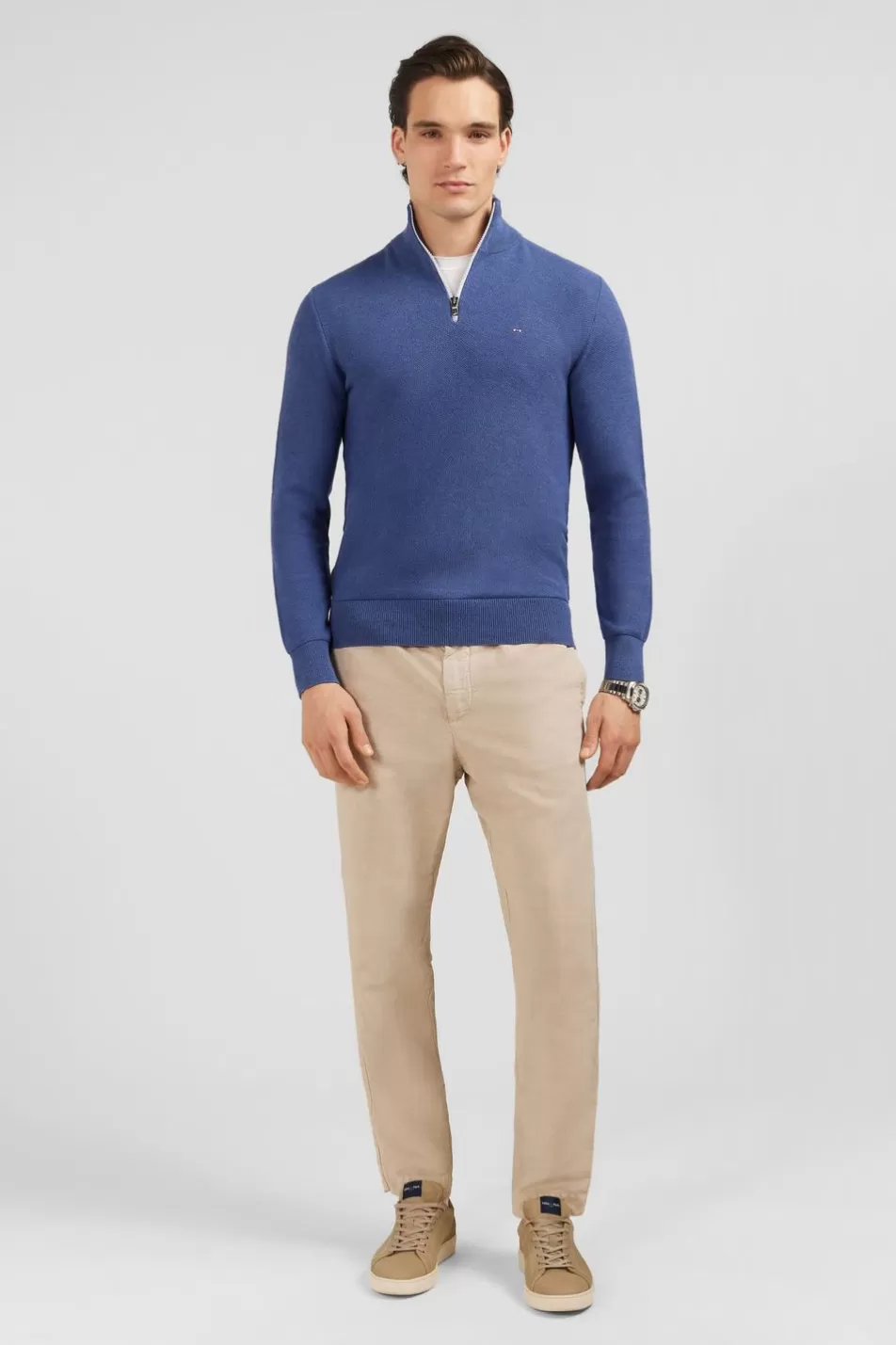 Sweaters | Eden Park Blue Semi-Zipped Sweater In Cotton