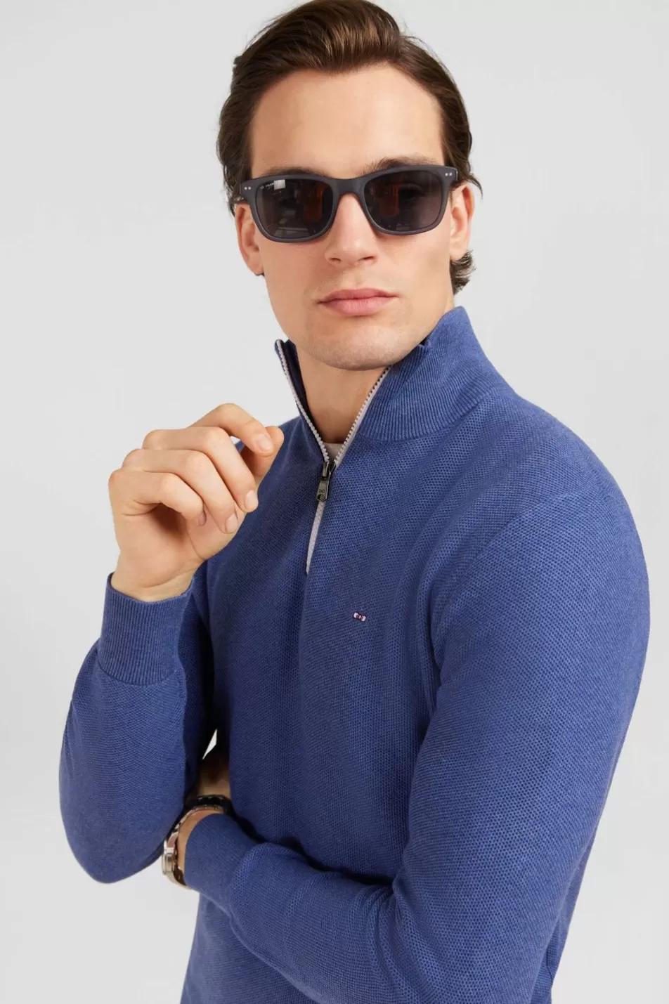 Sweaters | Eden Park Blue Semi-Zipped Sweater In Cotton