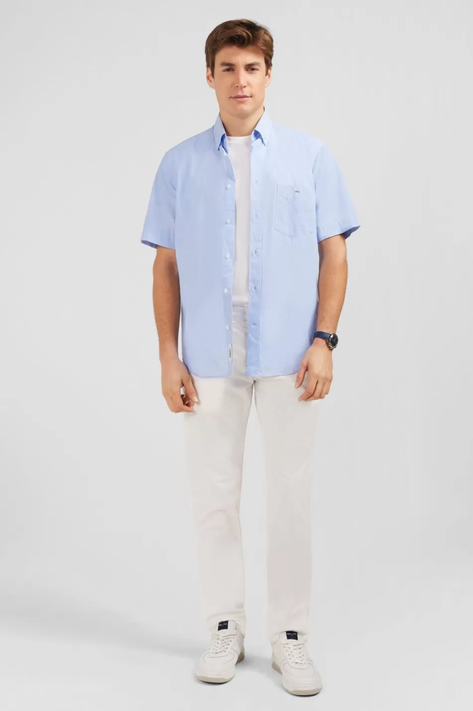 Short-Sleeved Shirts | Eden Park Blue Shirt In Cotton Dobby