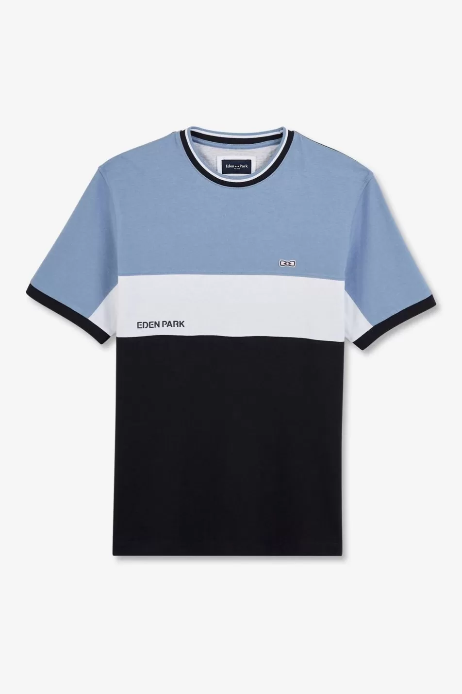 T-Shirts | Eden Park Blue Short-Sleeved Colour-Block T-Shirt