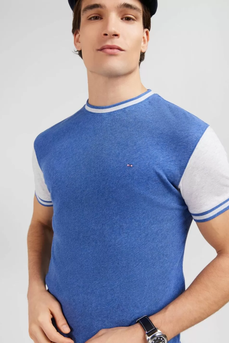 T-Shirts | Eden Park Blue Short-Sleeved Colour-Block T-Shirt