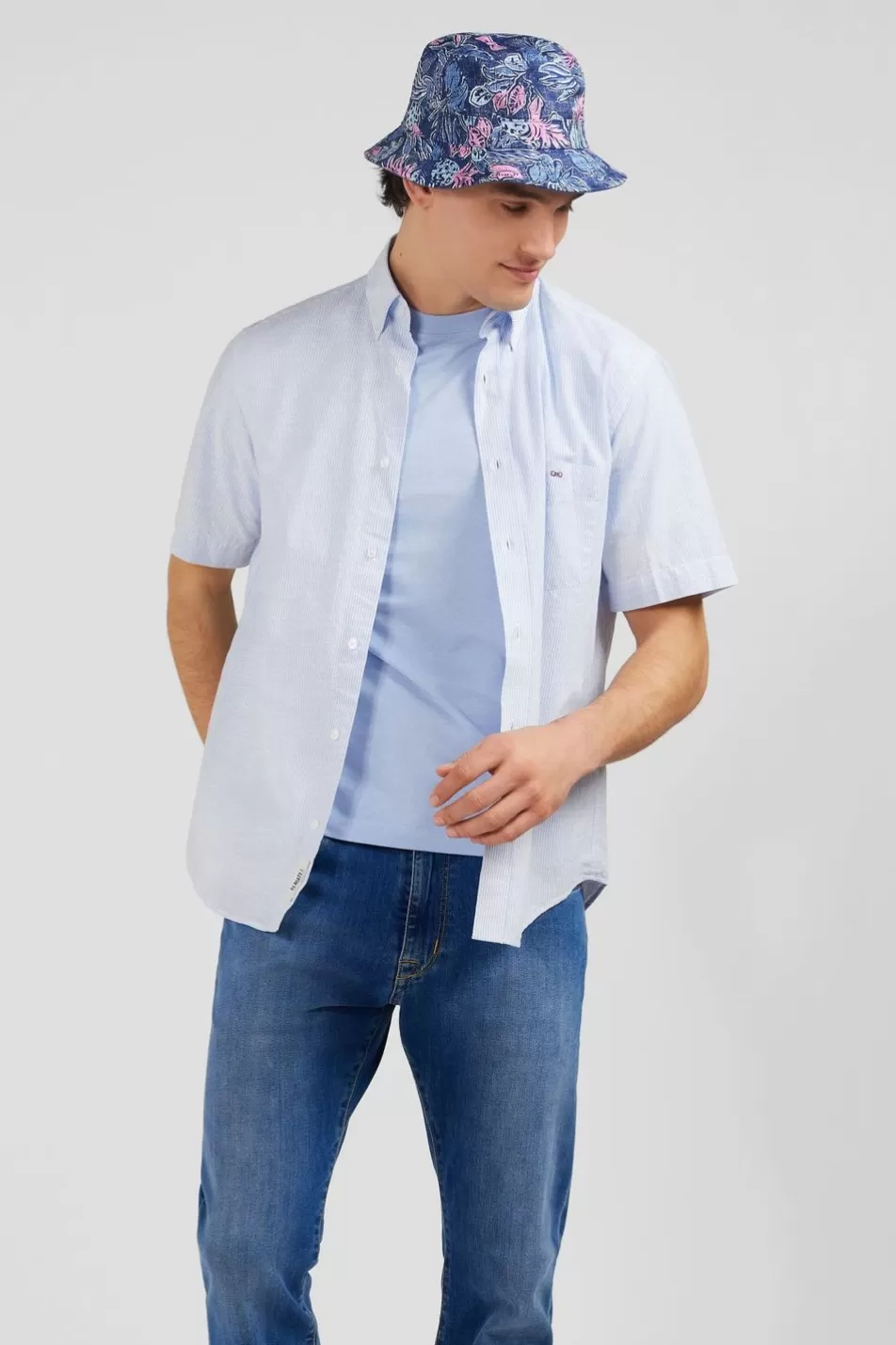 Short-Sleeved Shirts | Eden Park Blue Striped Shirt In Cotton Dobby