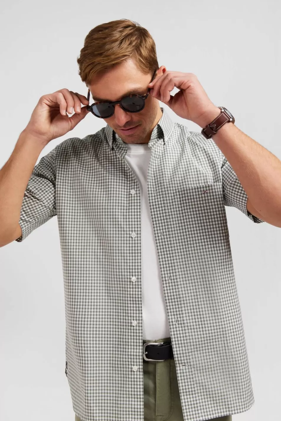 Short-Sleeved Shirts | Eden Park Checked Khaki Shirt