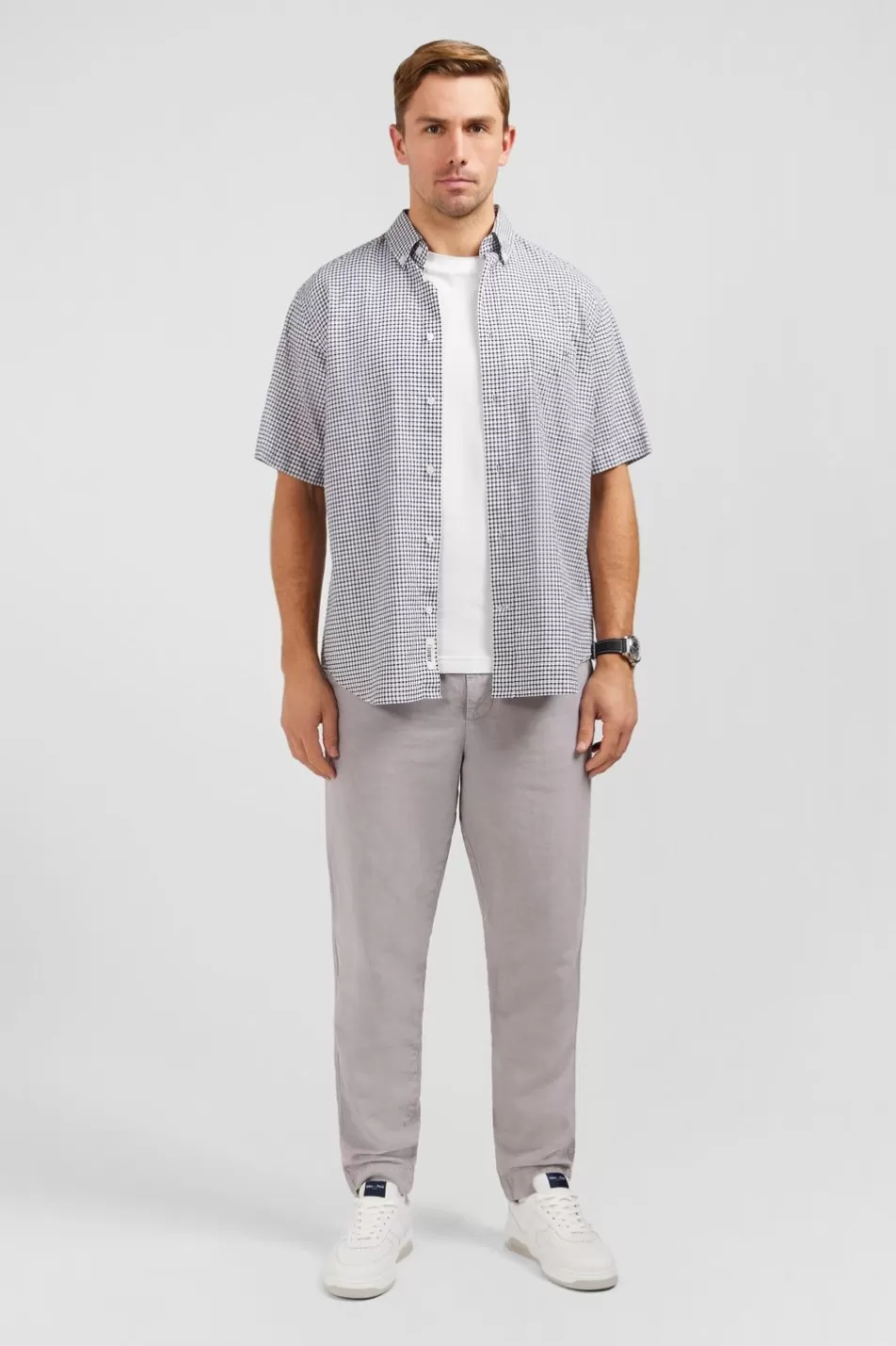 Short-Sleeved Shirts | Eden Park Dark Blue Cotton Dobby Checked Shirt