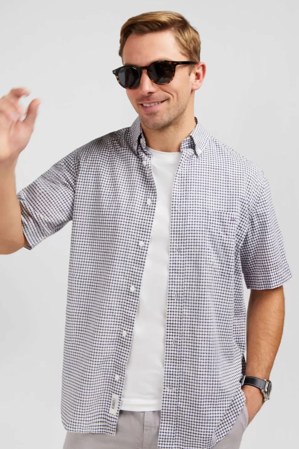 Short-Sleeved Shirts | Eden Park Dark Blue Cotton Dobby Checked Shirt