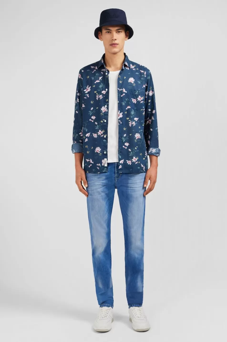 Shirts | Eden Park Dark Blue Cotton Shirt With Flower Print