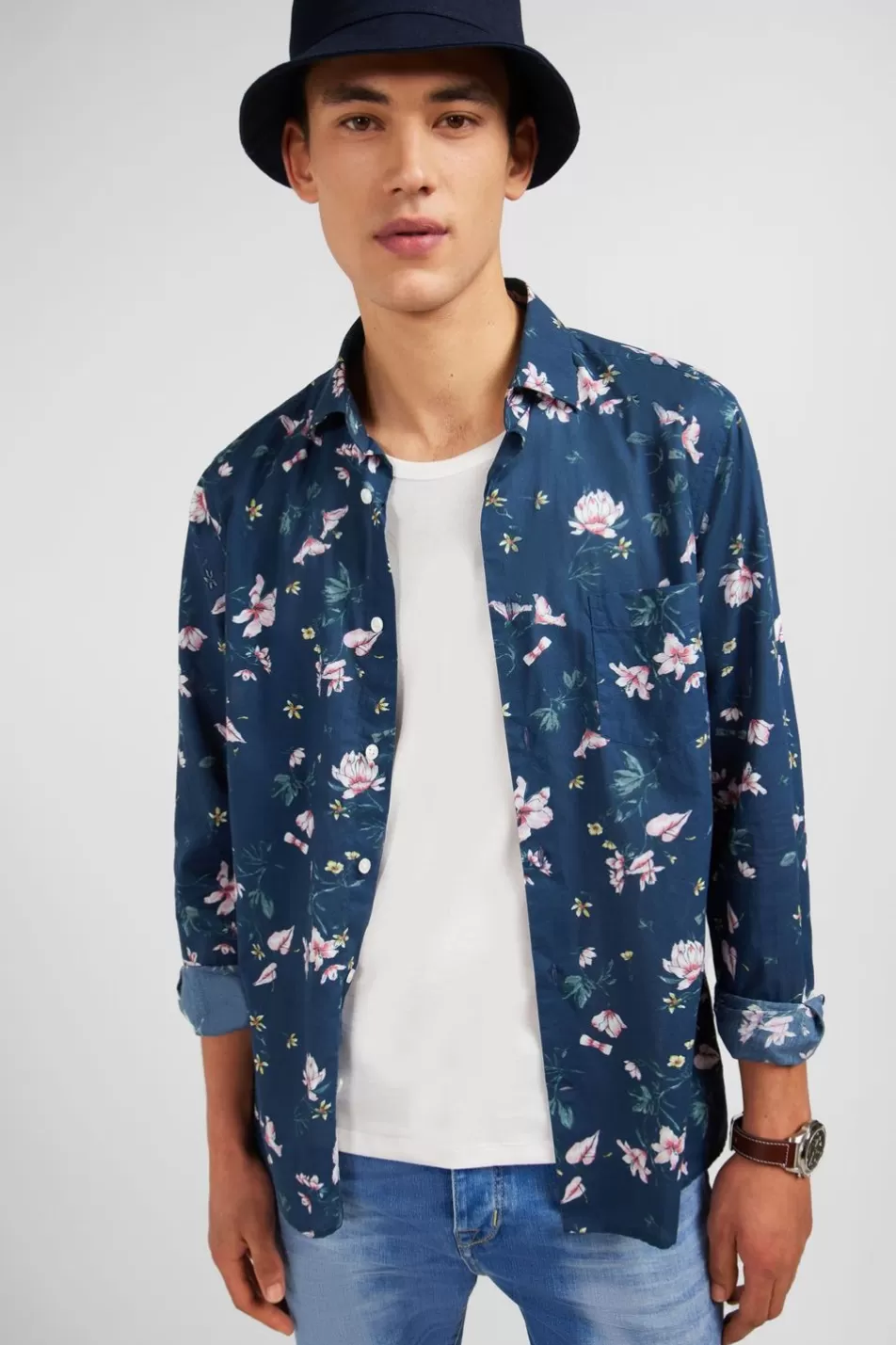 Shirts | Eden Park Dark Blue Cotton Shirt With Flower Print