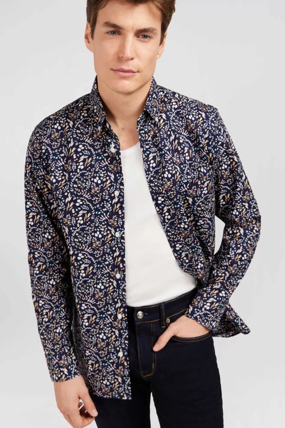 Shirts | Eden Park Dark Blue Poplin Shirt With Foliage Print