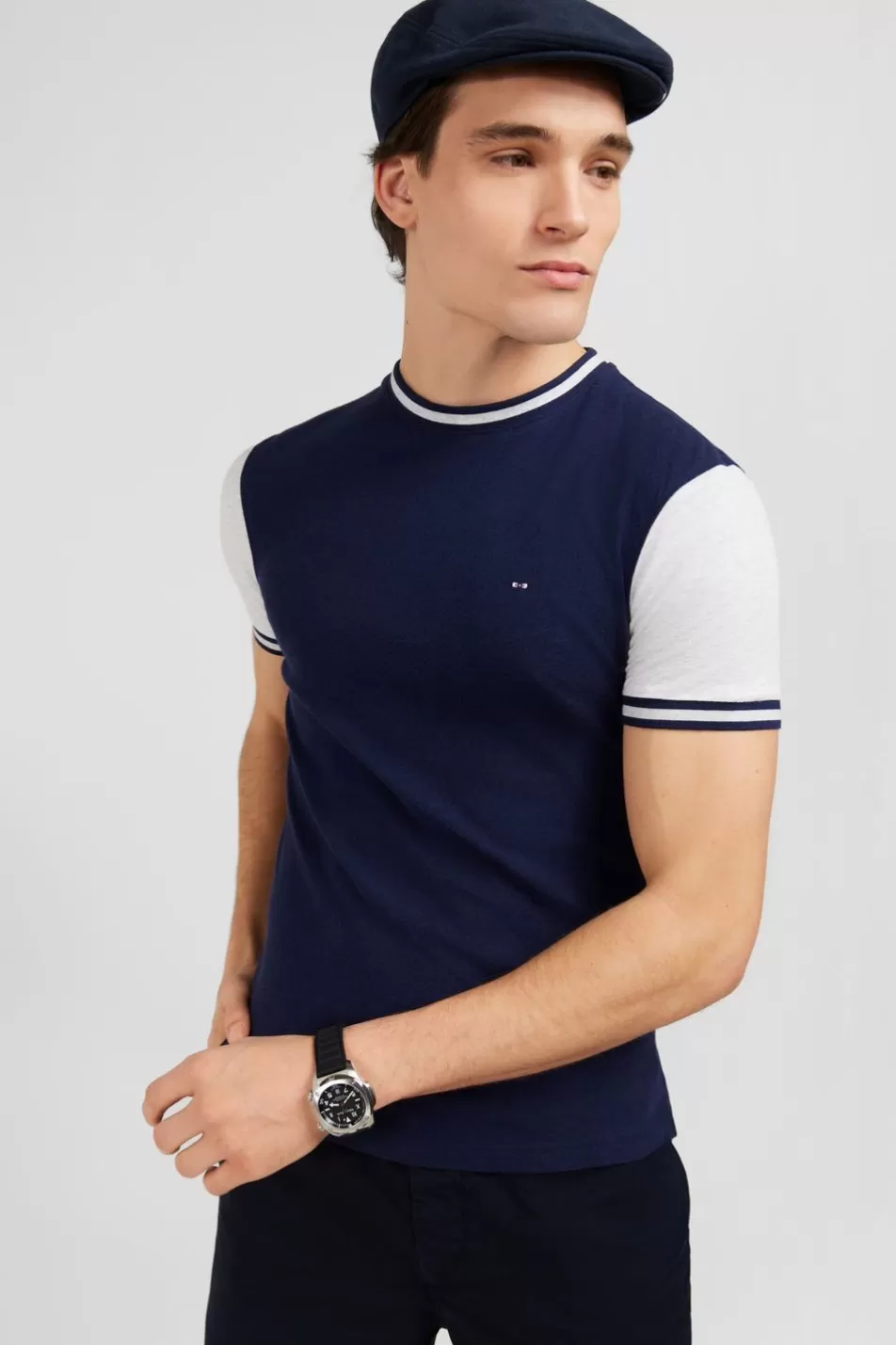 T-Shirts | Eden Park Dark Blue Short-Sleeved Colour-Block T-Shirt