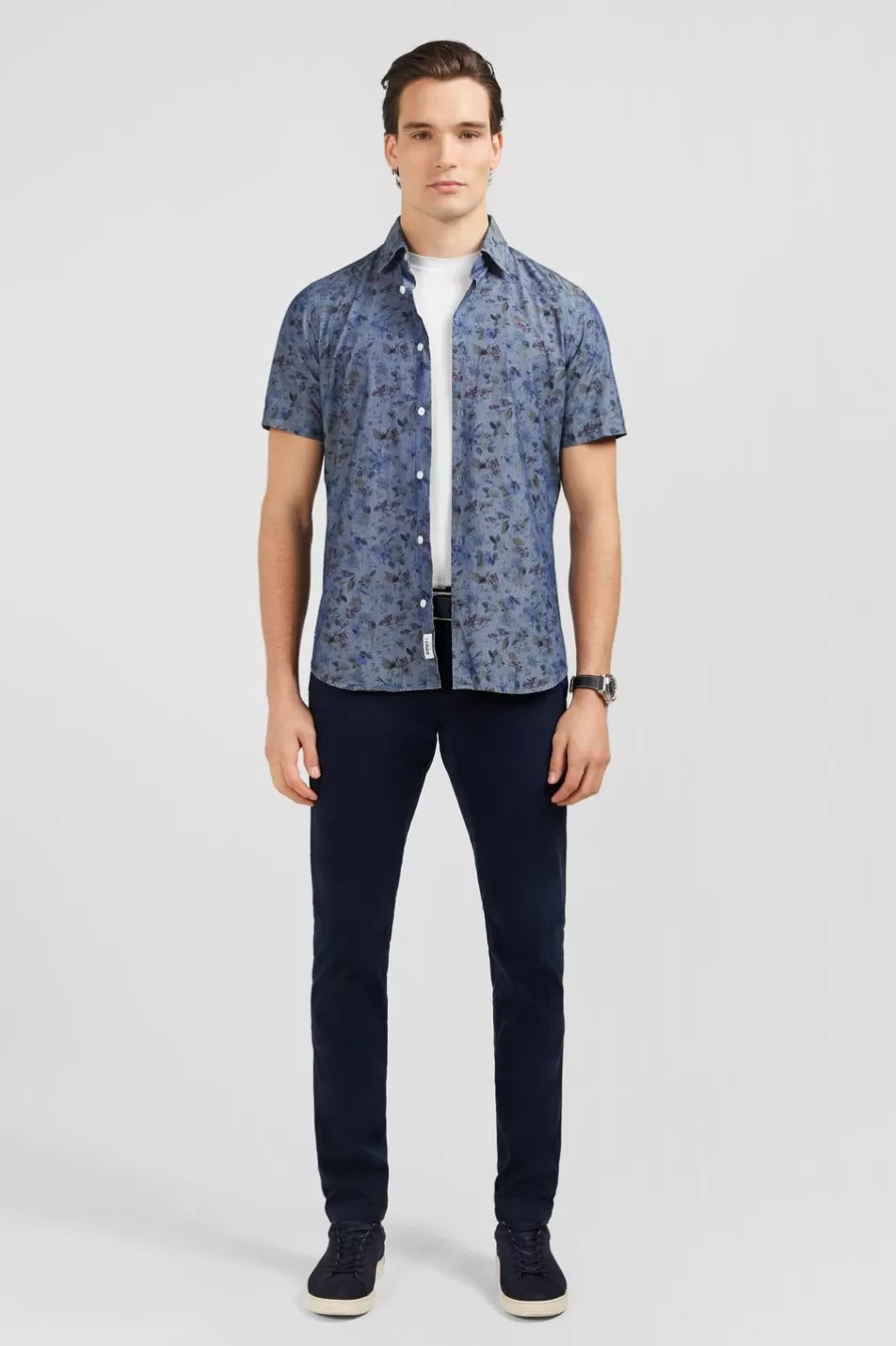 Short-Sleeved Shirts | Eden Park Denim Shirt With Flower And Leaves Print