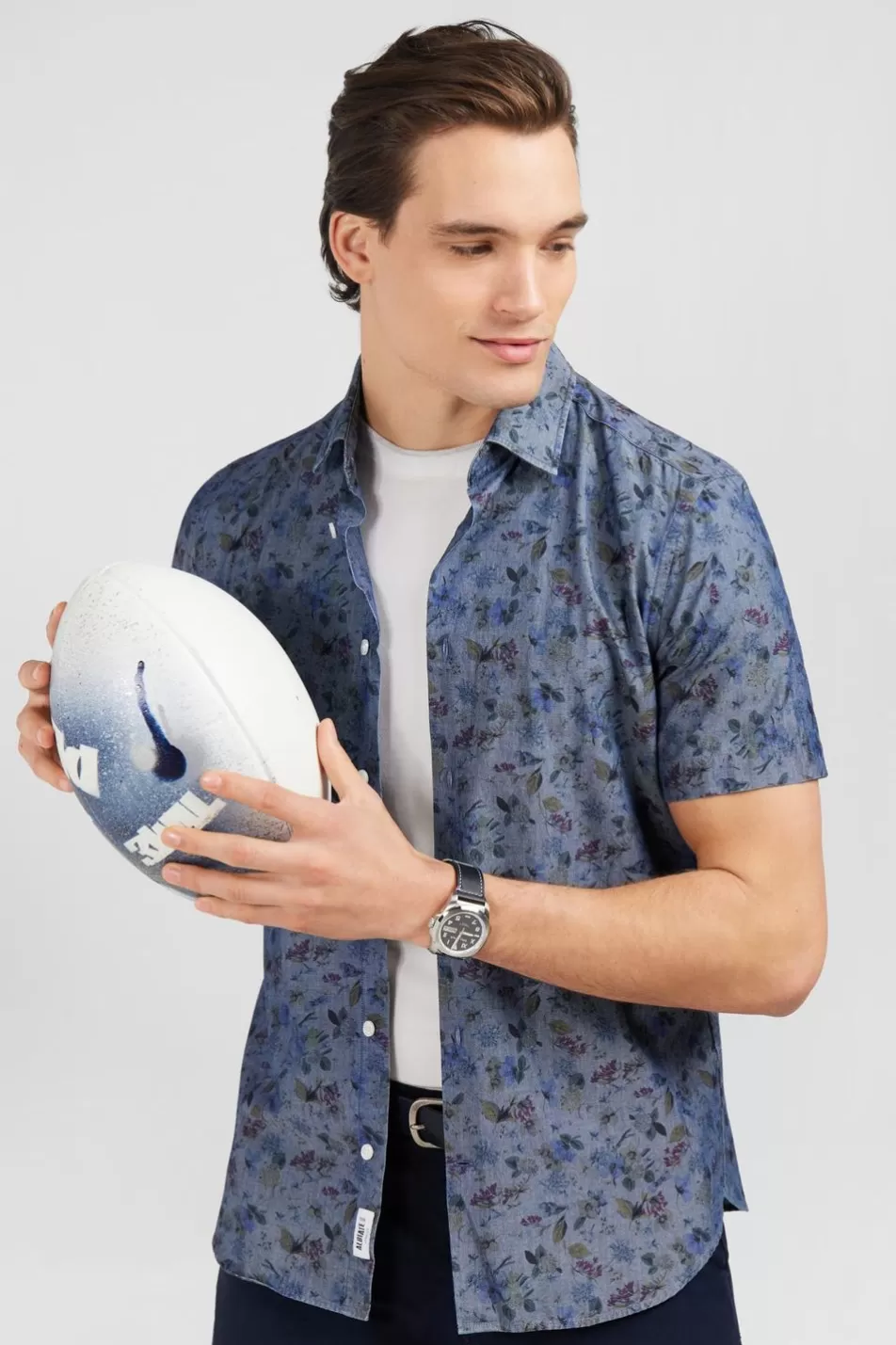 Short-Sleeved Shirts | Eden Park Denim Shirt With Flower And Leaves Print