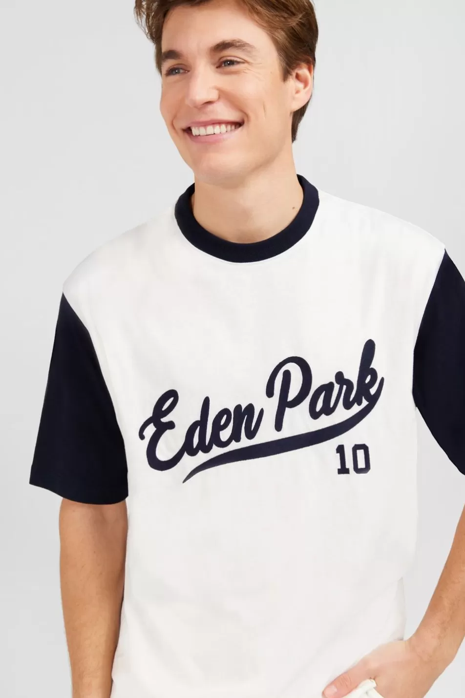 T-Shirts | Eden Park Ecru Colour-Block T-Shirt With Inscription