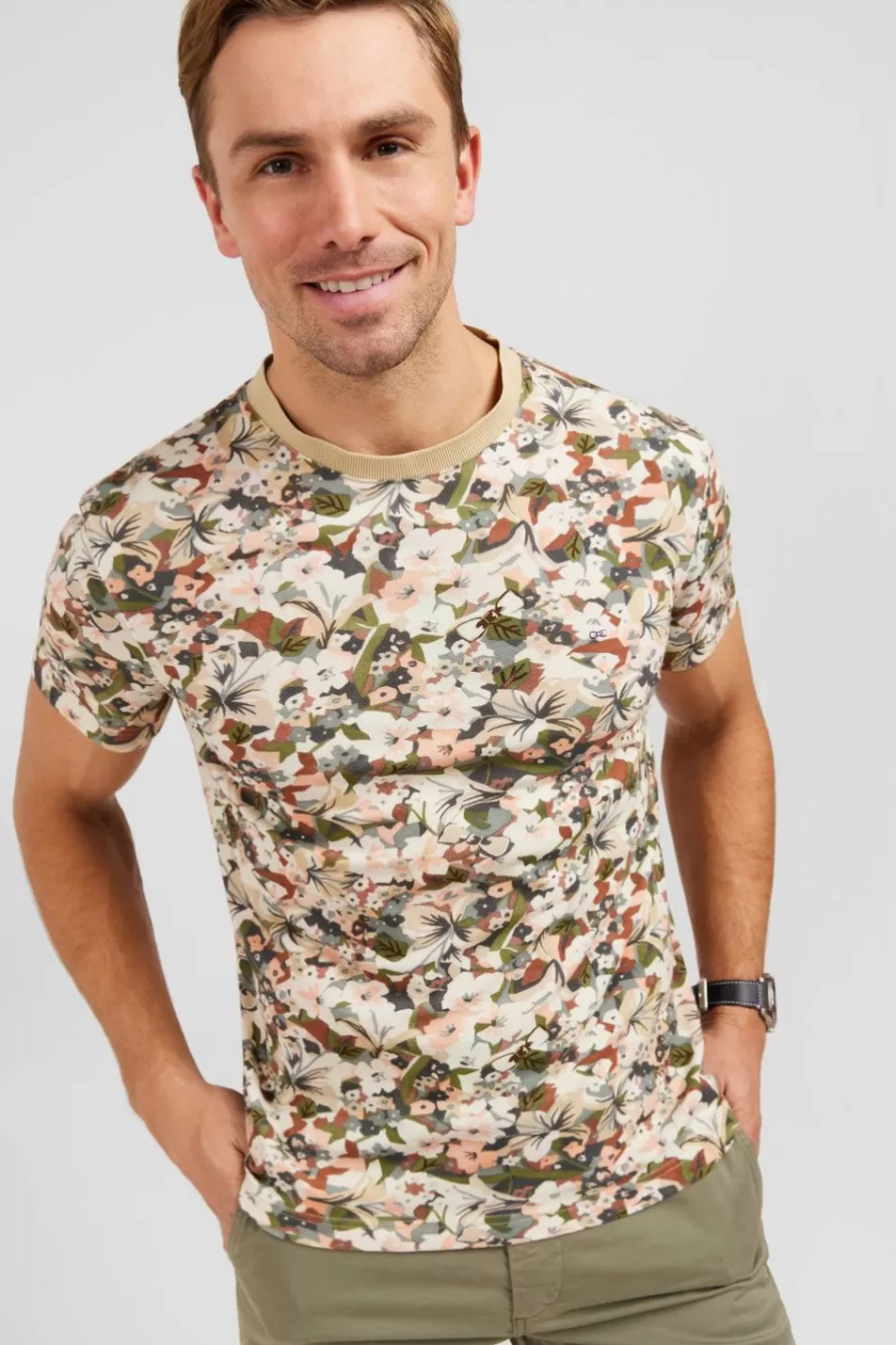 T-Shirts | Eden Park Ecru Cotton Pique T-Shirt With Floral Print