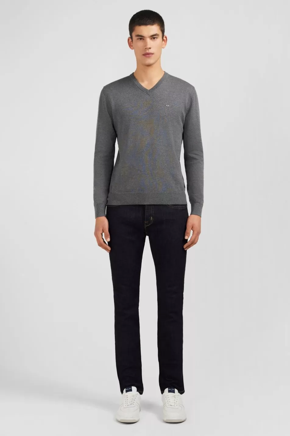 Sweaters | Eden Park Grey V-Neck Cotton Jersey Jumper