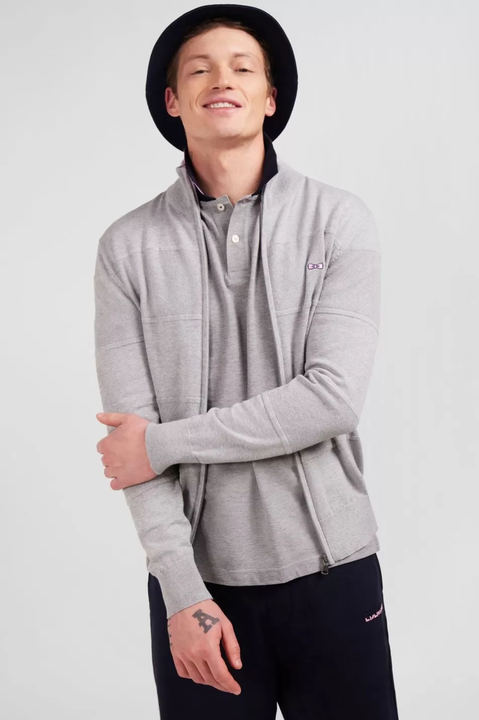 Cardigans | Eden Park Grey Zip Cardigan In Combination Knit