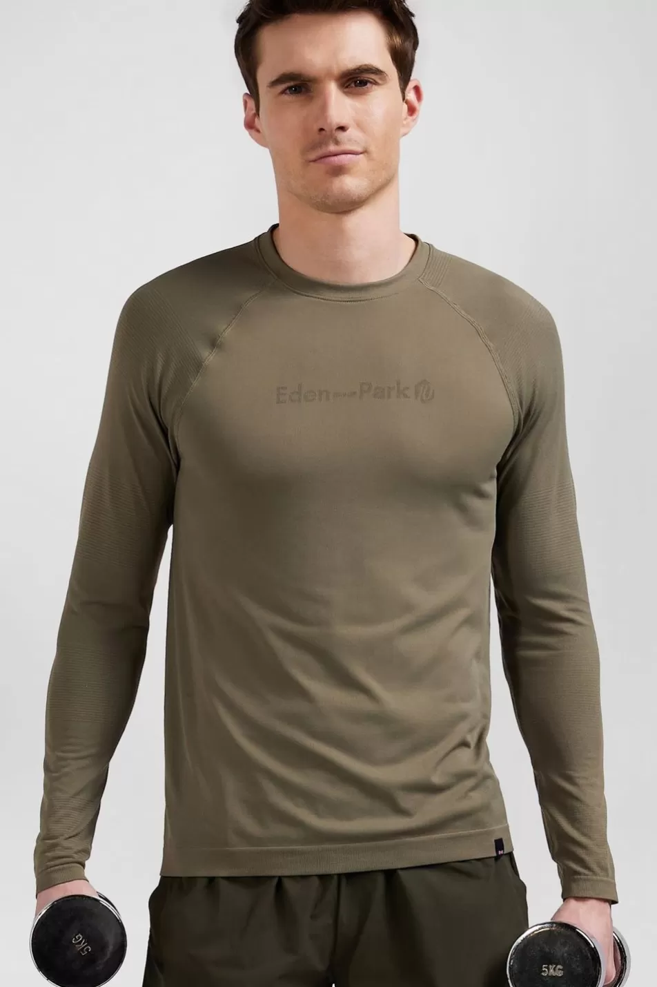 T-Shirts | Eden Park Khaki Green Long-Sleeved Sports T-Shirt With Striped Details