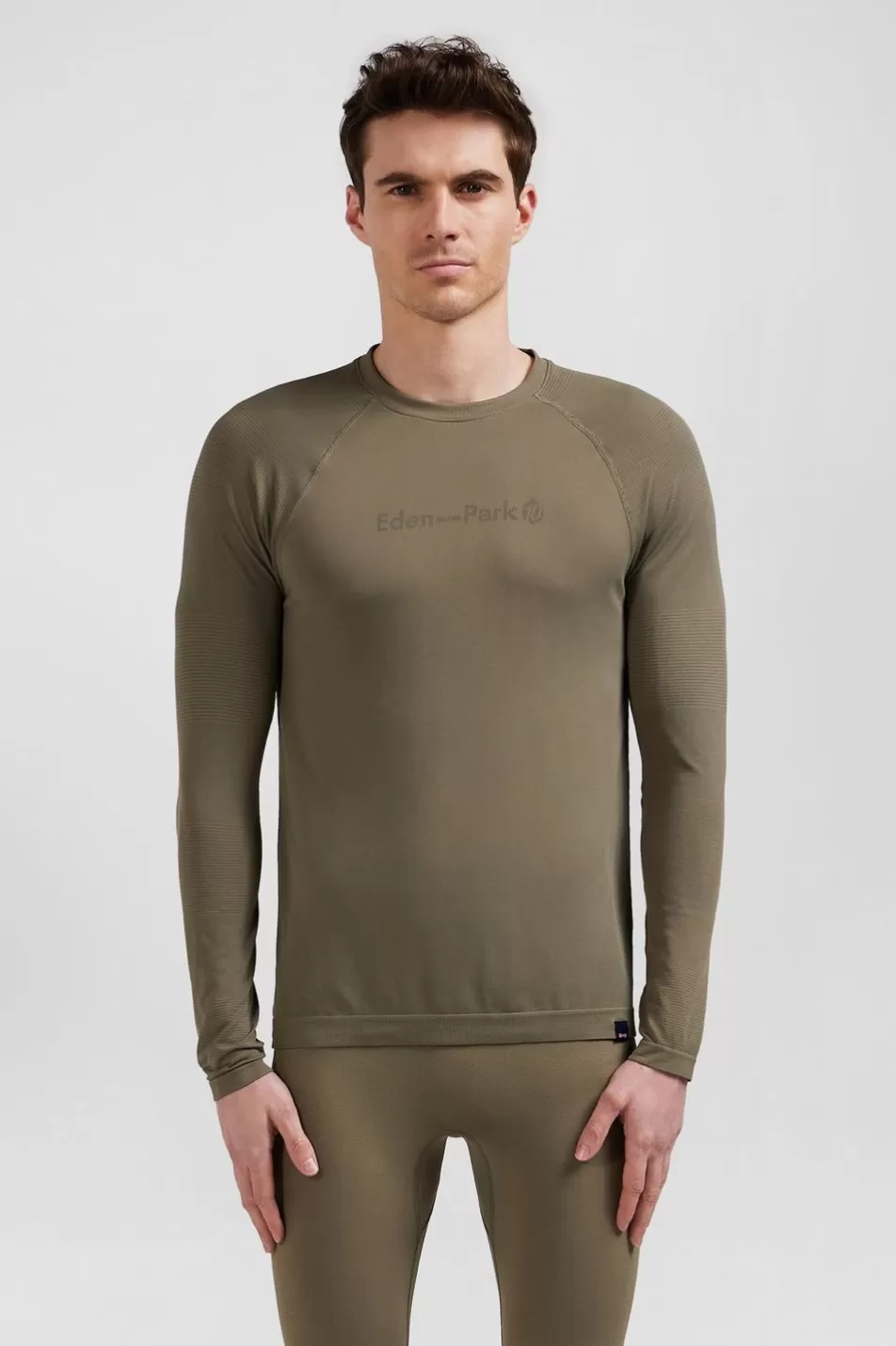 T-Shirts | Eden Park Khaki Green Long-Sleeved Sports T-Shirt With Striped Details