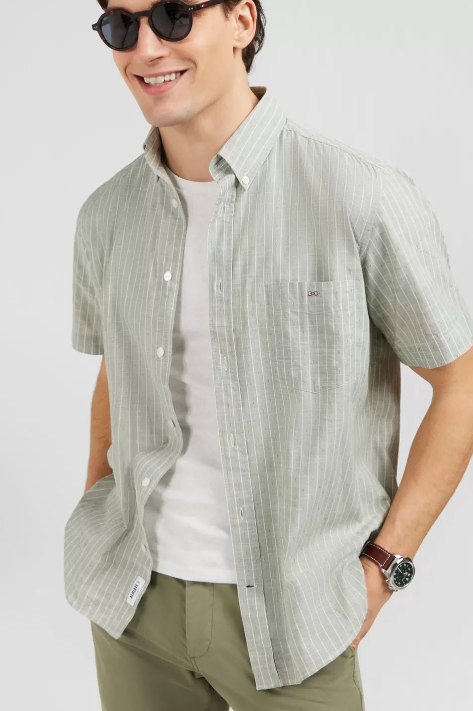 Short-Sleeved Shirts | Eden Park Khaki Striped Shirt