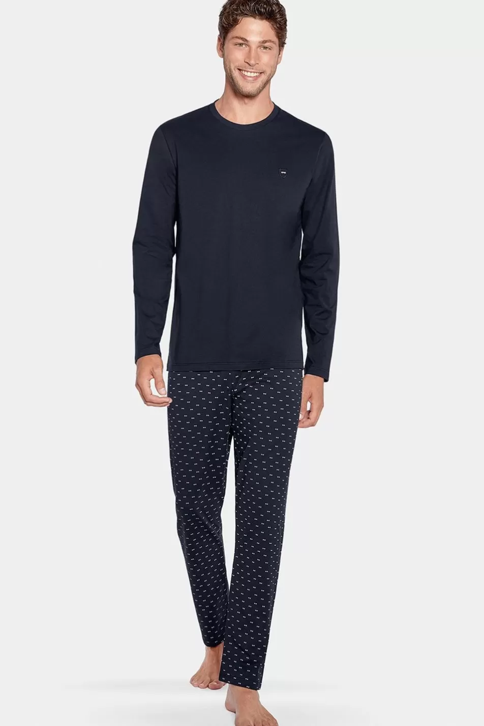 Pyjamas | Eden Park Long Navy Cotton Jersey Pyjamas With Micro Pattern