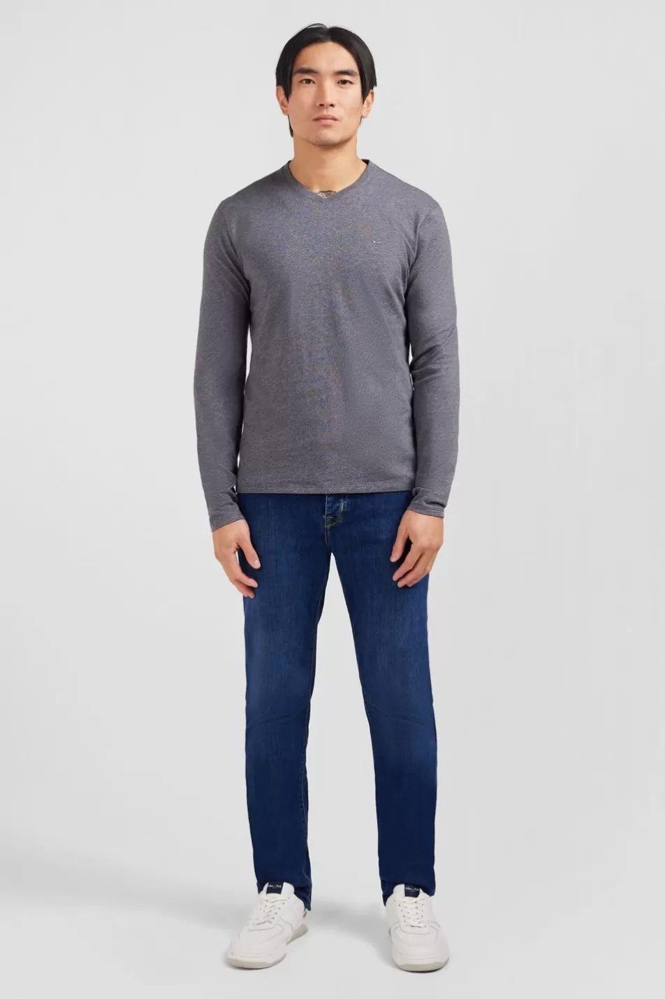 T-Shirts | Eden Park Long Sleeved Grey V Neck T-Shirt