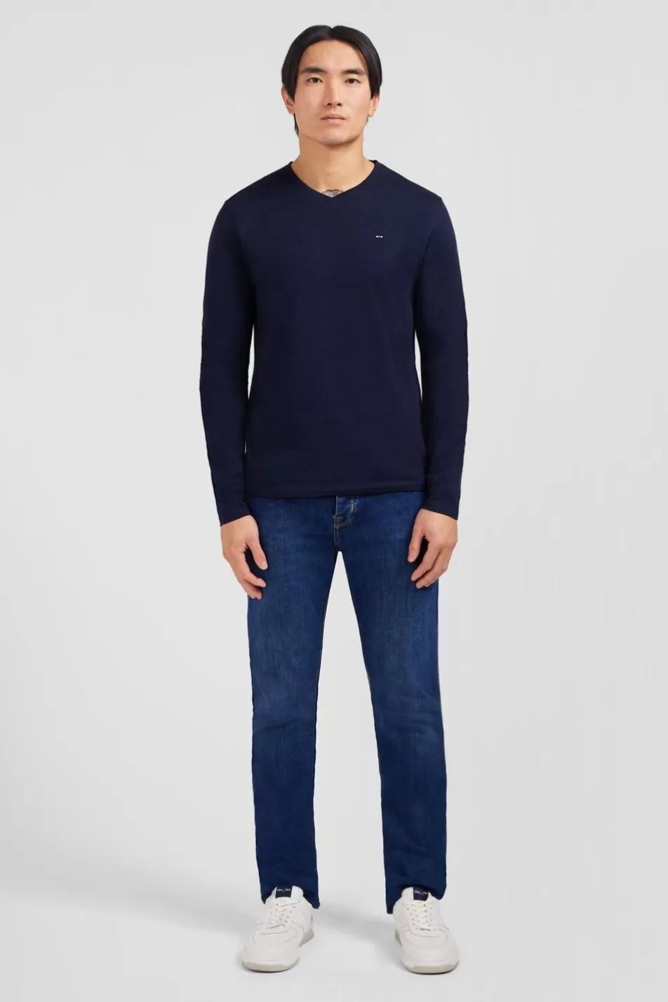 T-Shirts | Eden Park Long Sleeved Navy Blue V Neck T-Shirt