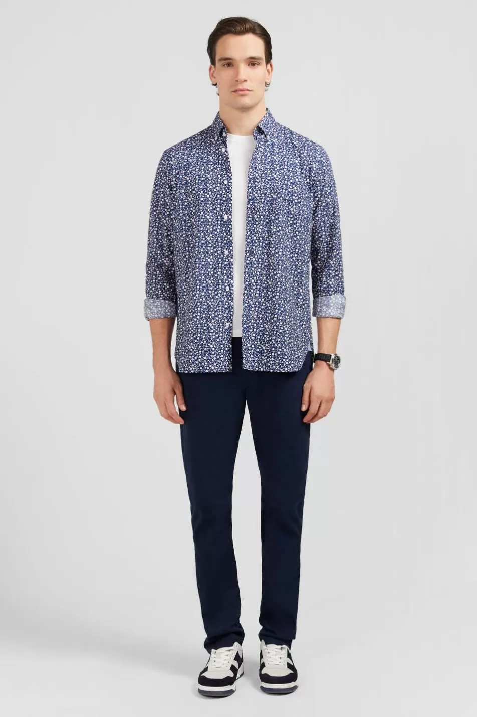 Shirts | Eden Park Navy Blue Shirt With A Floral Micro Motif