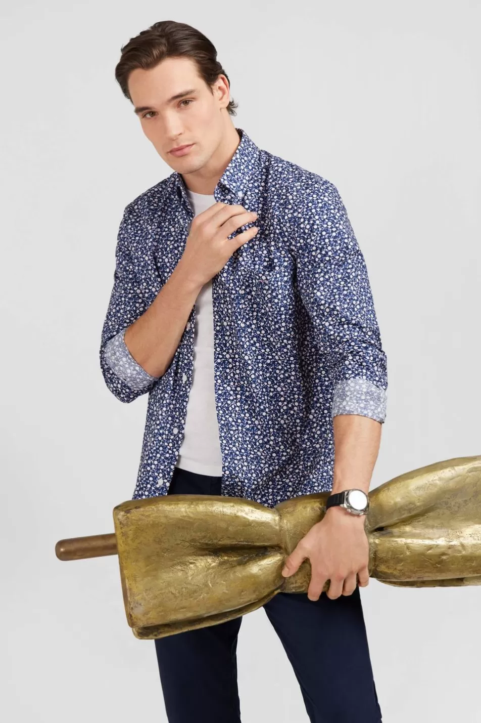 Shirts | Eden Park Navy Blue Shirt With A Floral Micro Motif