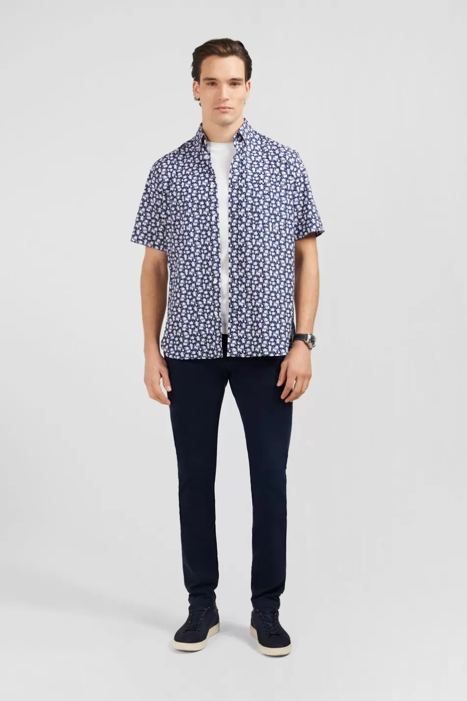 Short-Sleeved Shirts | Eden Park Navy Blue Shirt With Flower Print