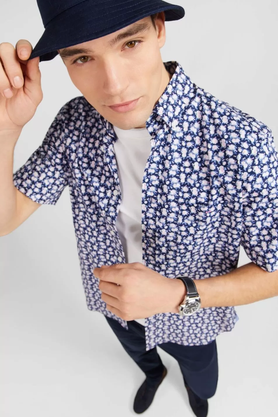 Short-Sleeved Shirts | Eden Park Navy Blue Shirt With Flower Print