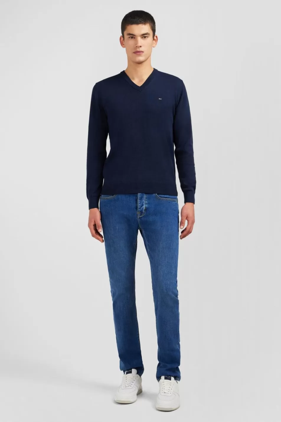 Sweaters | Eden Park Navy Blue V-Neck Cotton Jersey Jumper