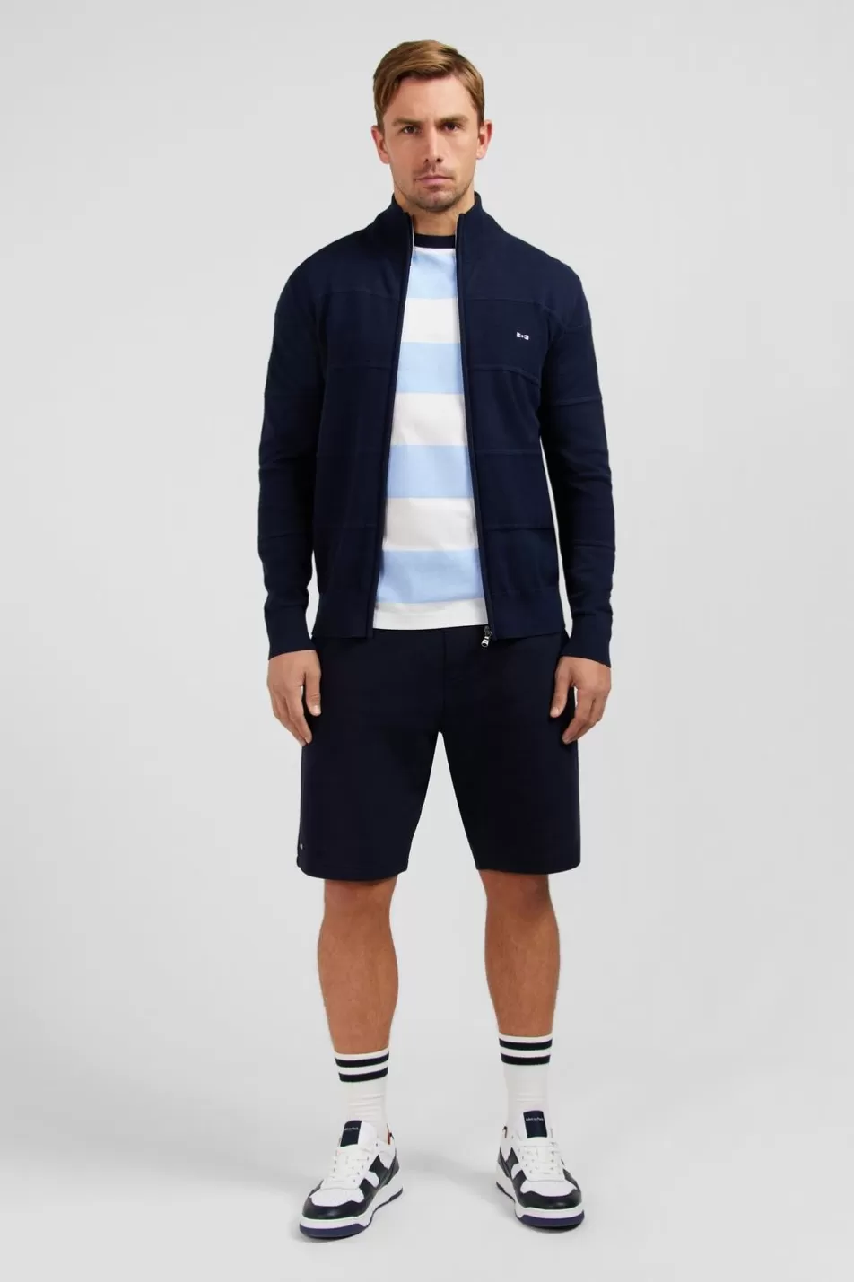 Cardigans | Eden Park Navy Blue Zip Cardigan In Combination Knit