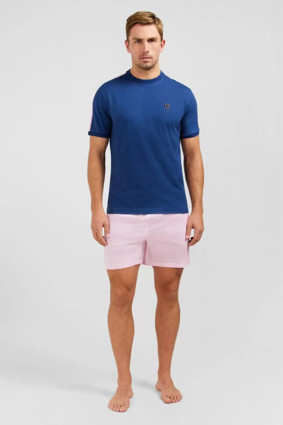 T-Shirts | Eden Park Navy Cotton Short-Sleeved T-Shirt With Tri-Colour Shoulder Trim