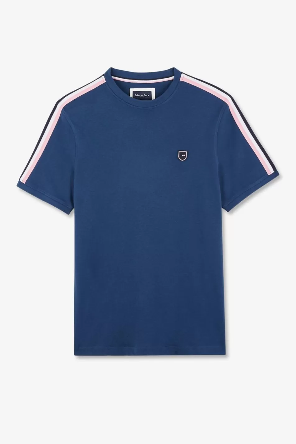 T-Shirts | Eden Park Navy Cotton Short-Sleeved T-Shirt With Tri-Colour Shoulder Trim