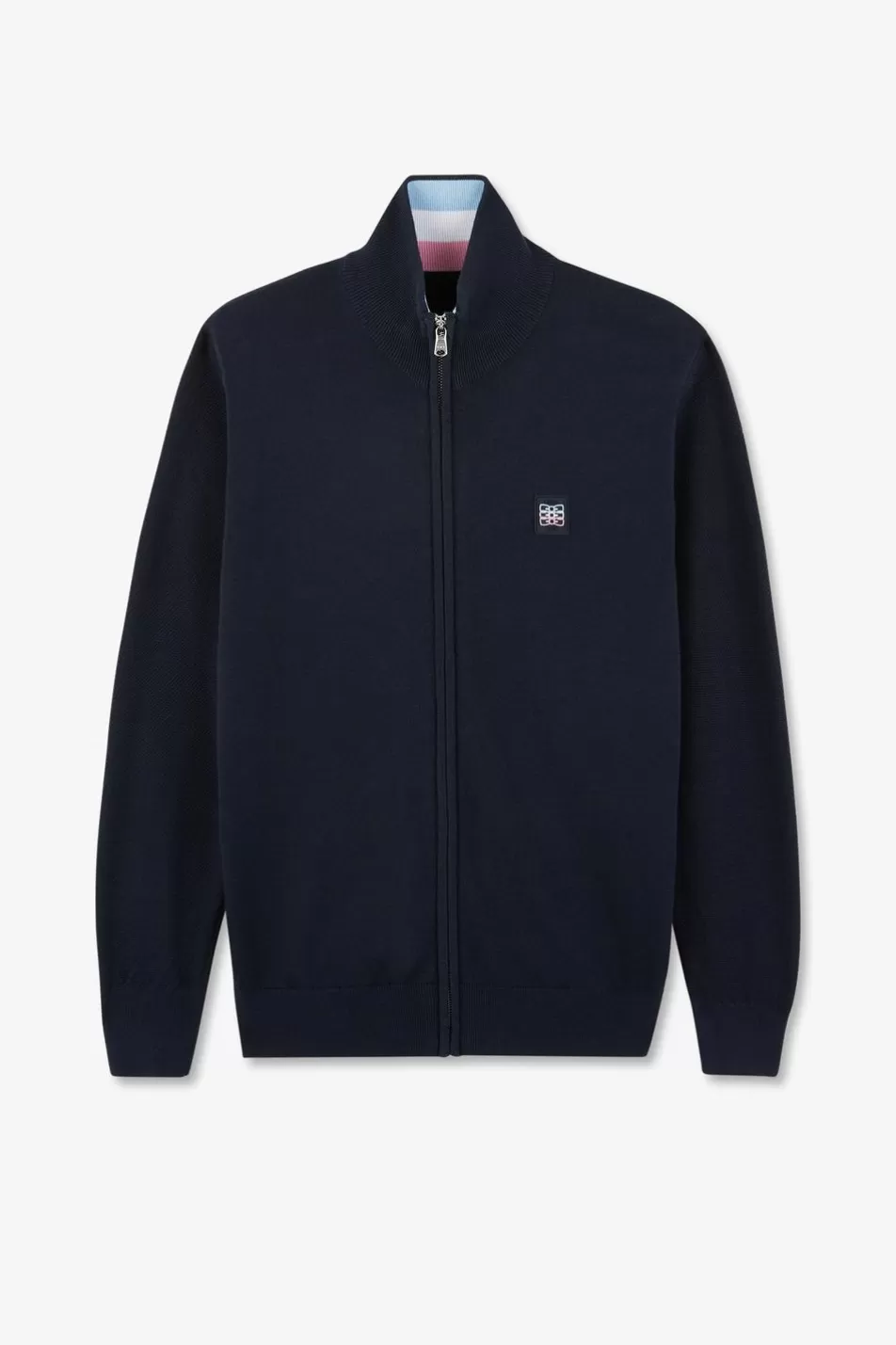 Cardigans | Eden Park Navy Cotton Zipped Jumper Cardigan With Tri-Colour Emblem