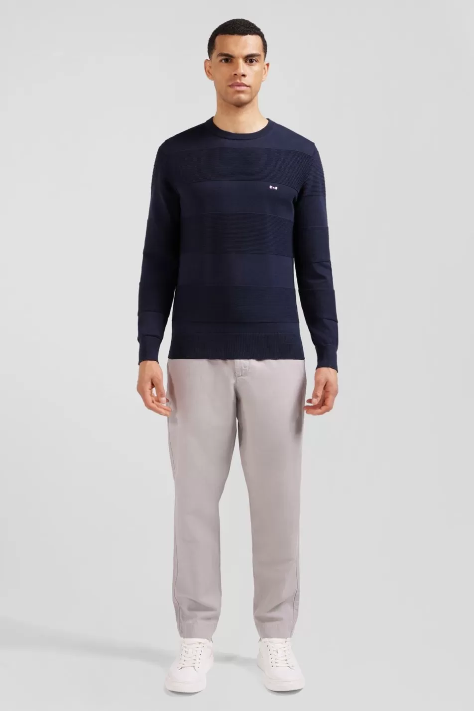 Sweaters | Eden Park Navy Round Neck Sweater In Cotton Combination Knit