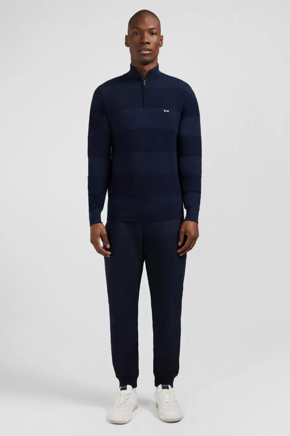 Sweaters | Eden Park Navy Semi-Zipped Sweater In Cotton Combination Knit