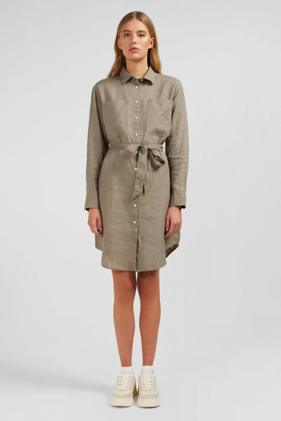 Dresses | Eden Park Olive-Green Shirt Dress In Linen