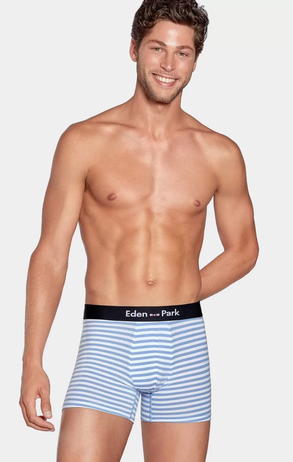 Underwear | Eden Park Pack Of 2 White Boxer Shorts With Sky Blue Stripes And Dark Blue Plain Fabric