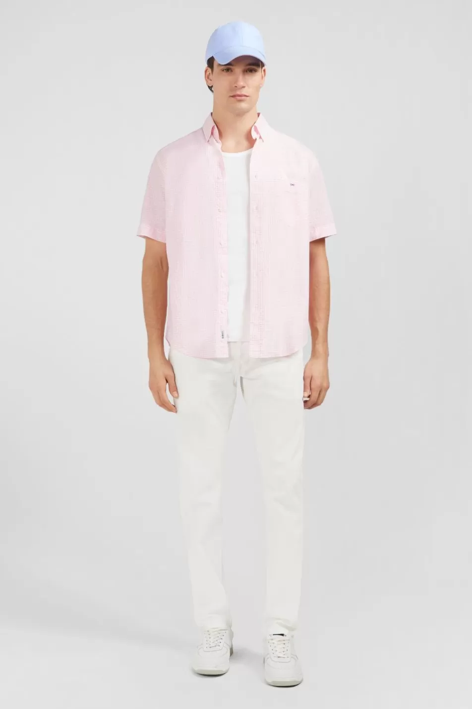 Short-Sleeved Shirts | Eden Park Pink Checked Cotton Dobby Shirt